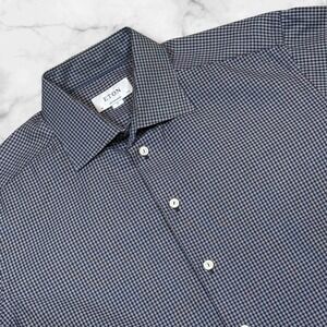 Eton Contemporary Dress Shirt Men Gray Check LS Button Down Cotton 17 44 XL